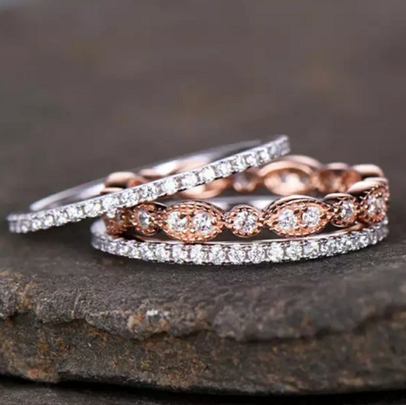 Rose Gold Silver 3 Ring Eternity wedding Bands - Picture 1 of 5